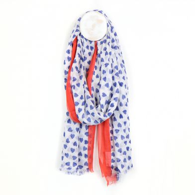 Blue & White Heart Print Scarf with Red Border by Peace of Mind